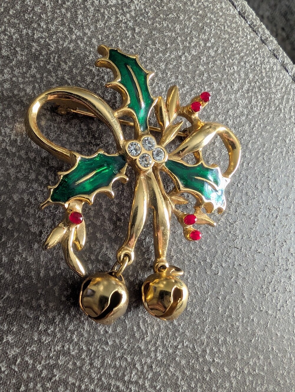 Gold Tone Holiday Holly Berry Brooch with Bells
